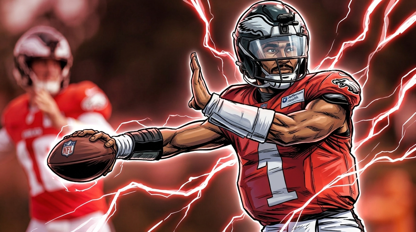 Comic-style illustration of Jalen Hurts throwing a pass in Eagles practice gear, electric energy effect in the background