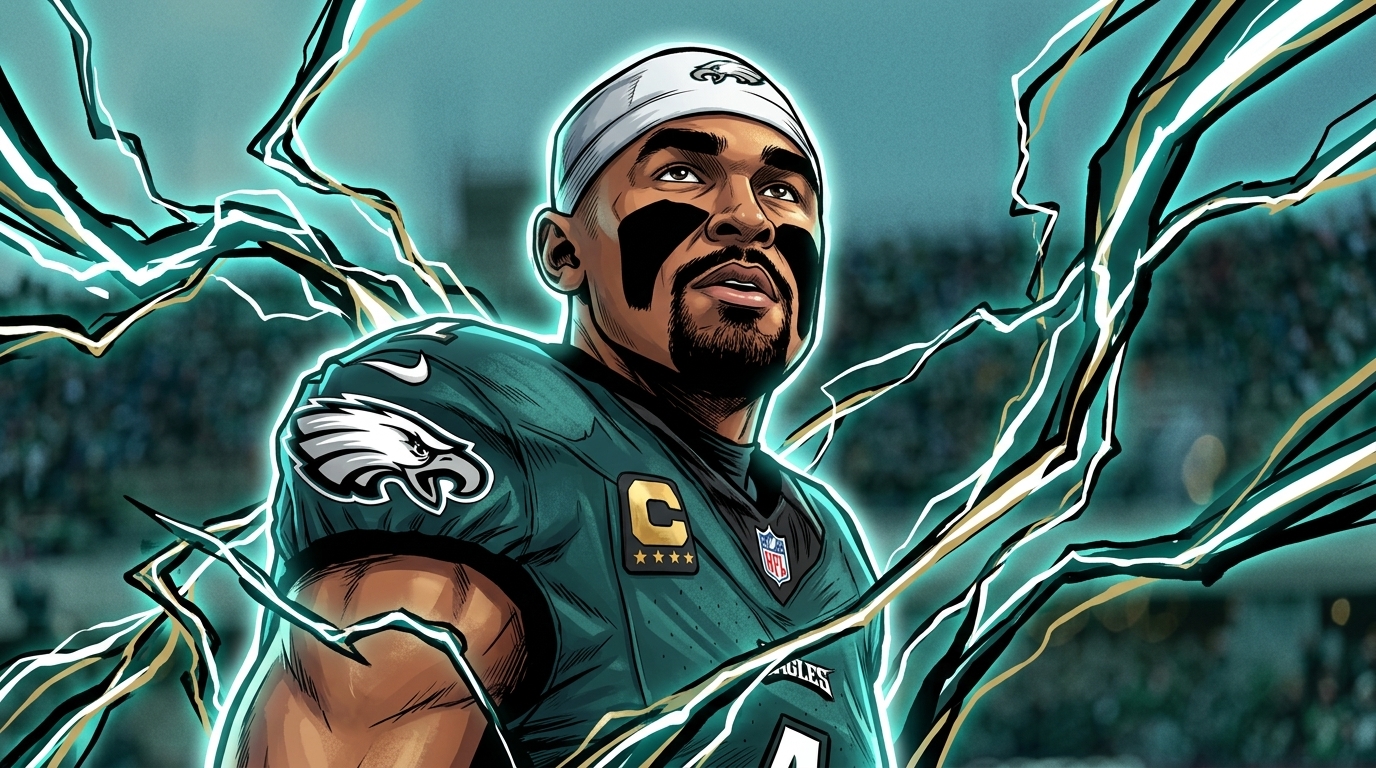 Comic-style illustration of Jalen Hurts in Eagles teal jersey with electric energy lightning effect, blurred stadium background