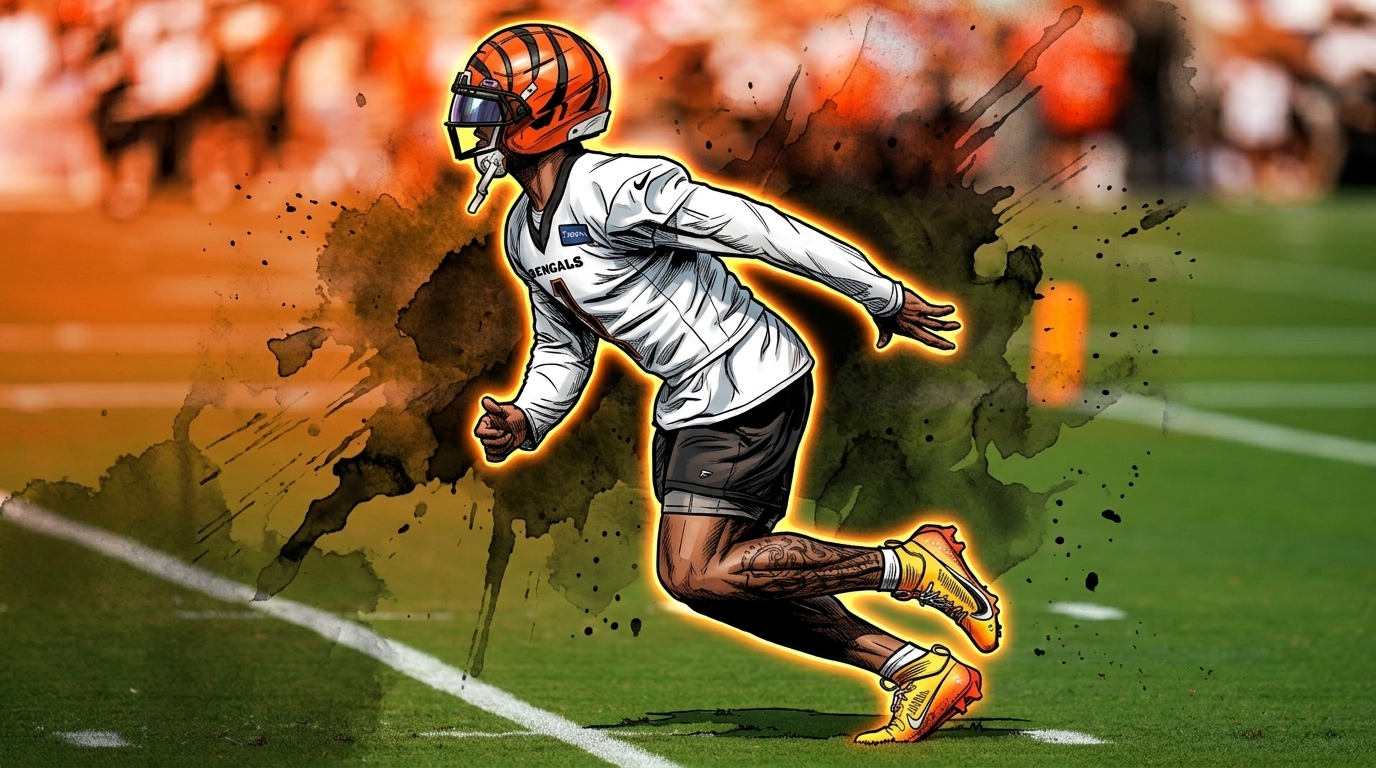 Comic-style ink wash illustration of Ja'Marr Chase in Bengals practice gear, captured mid-stride at training camp with an orange and black glowing outline effect.