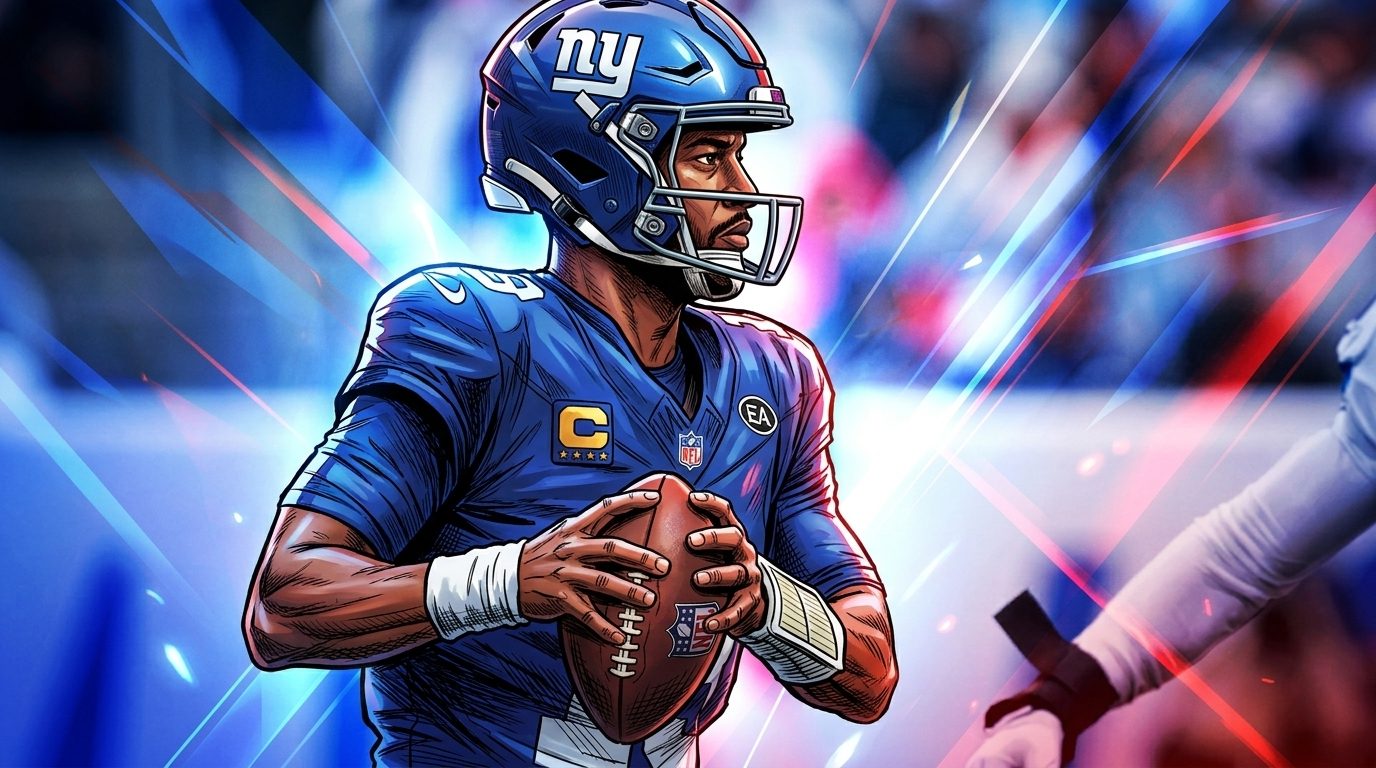 Comic-style illustration of Jameis Winston in a royal blue New York Giants jersey dropping back to pass, blue and red geometric light-streak effects over a blurred stadium crowd background