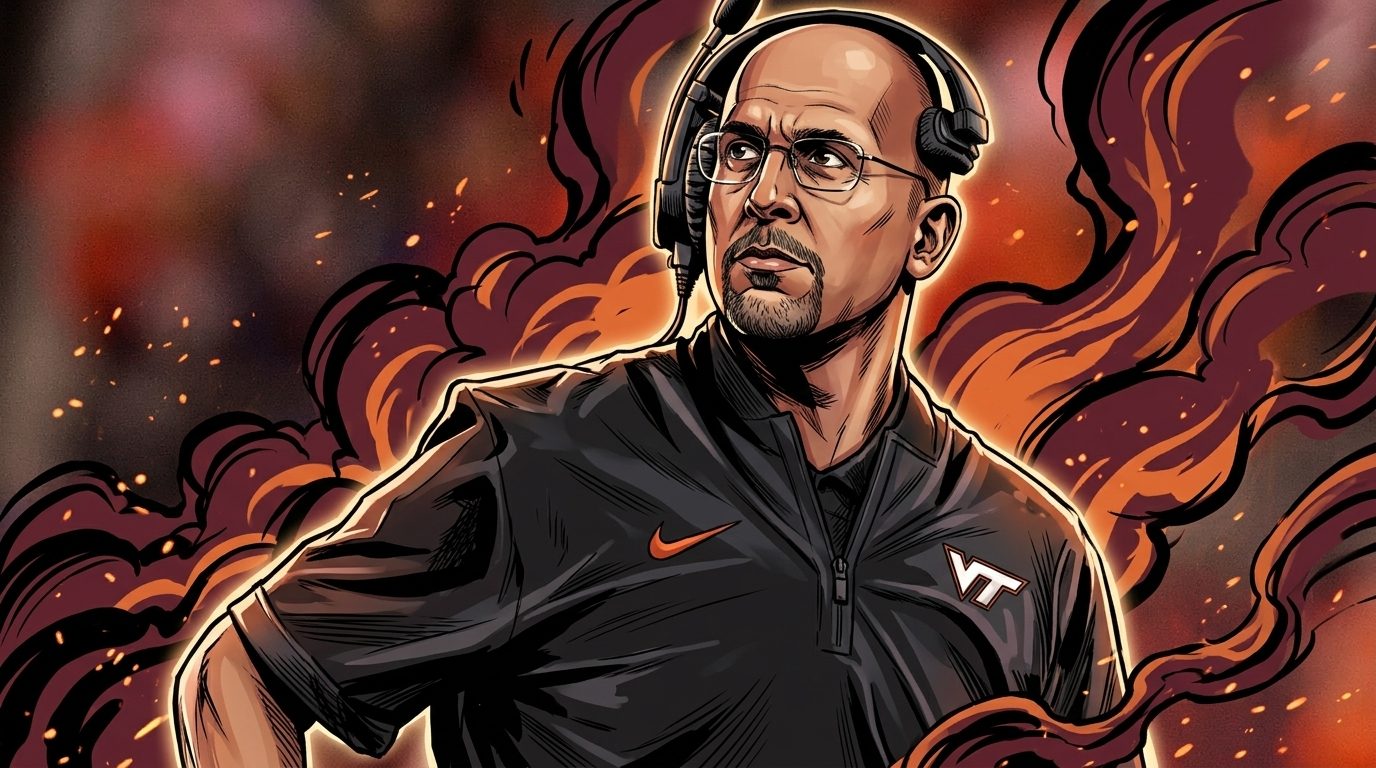 Comic-style illustration of Virginia Tech head coach James Franklin on the sideline in a black quarter-zip with VT and Nike logos, wearing a headset and glasses, dark maroon and orange smoke and sparks swirling behind him