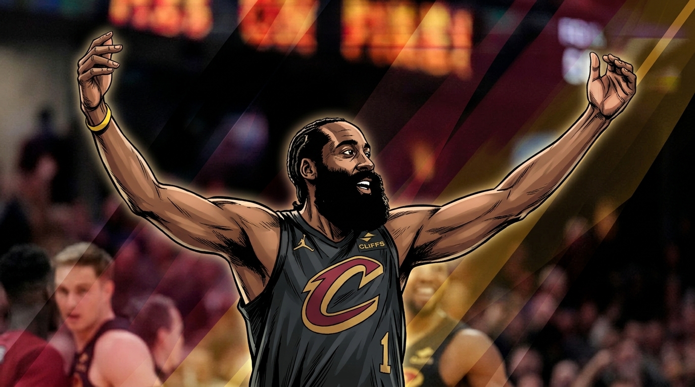 James Harden of the Cleveland Cavaliers celebrates on court — Swipe Sports