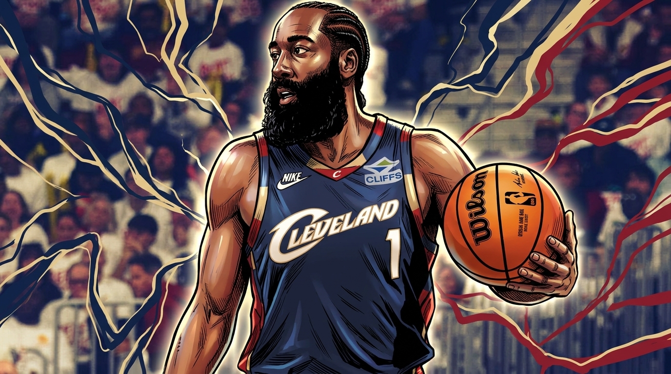 Comic-style illustration of James Harden in a Cleveland Cavaliers jersey holding a basketball, with navy and red energy streaks and a stadium crowd blurred in the background