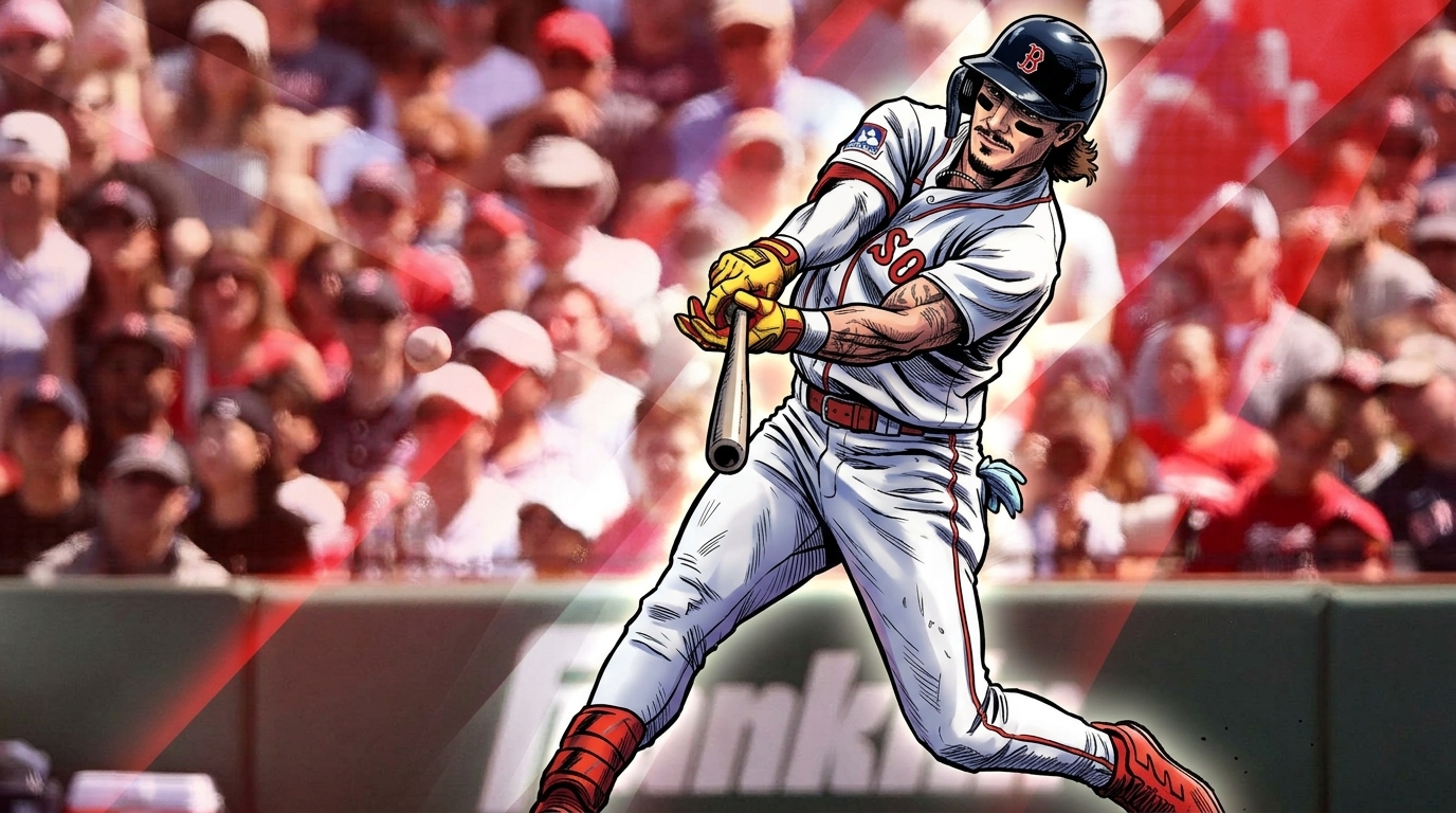 Jarren Duran mid-swing in comic book illustration style with red geometric light-streak effect, Red Sox home whites, Fenway crowd blurred in the background
