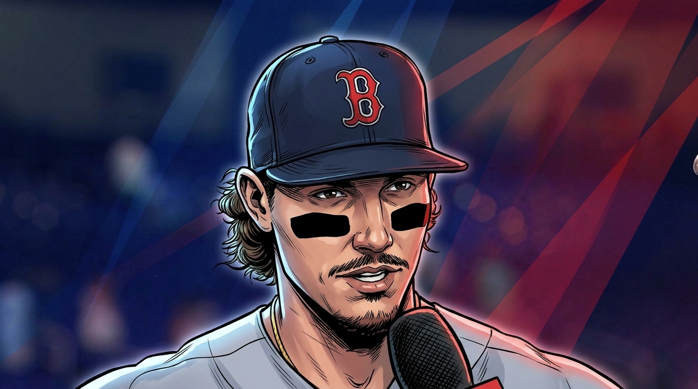 Comic-style rendering of Jarren Duran in a Red Sox cap and grey road jersey speaking into a microphone, red and blue geometric light-streak effect over a stadium tunnel backdrop