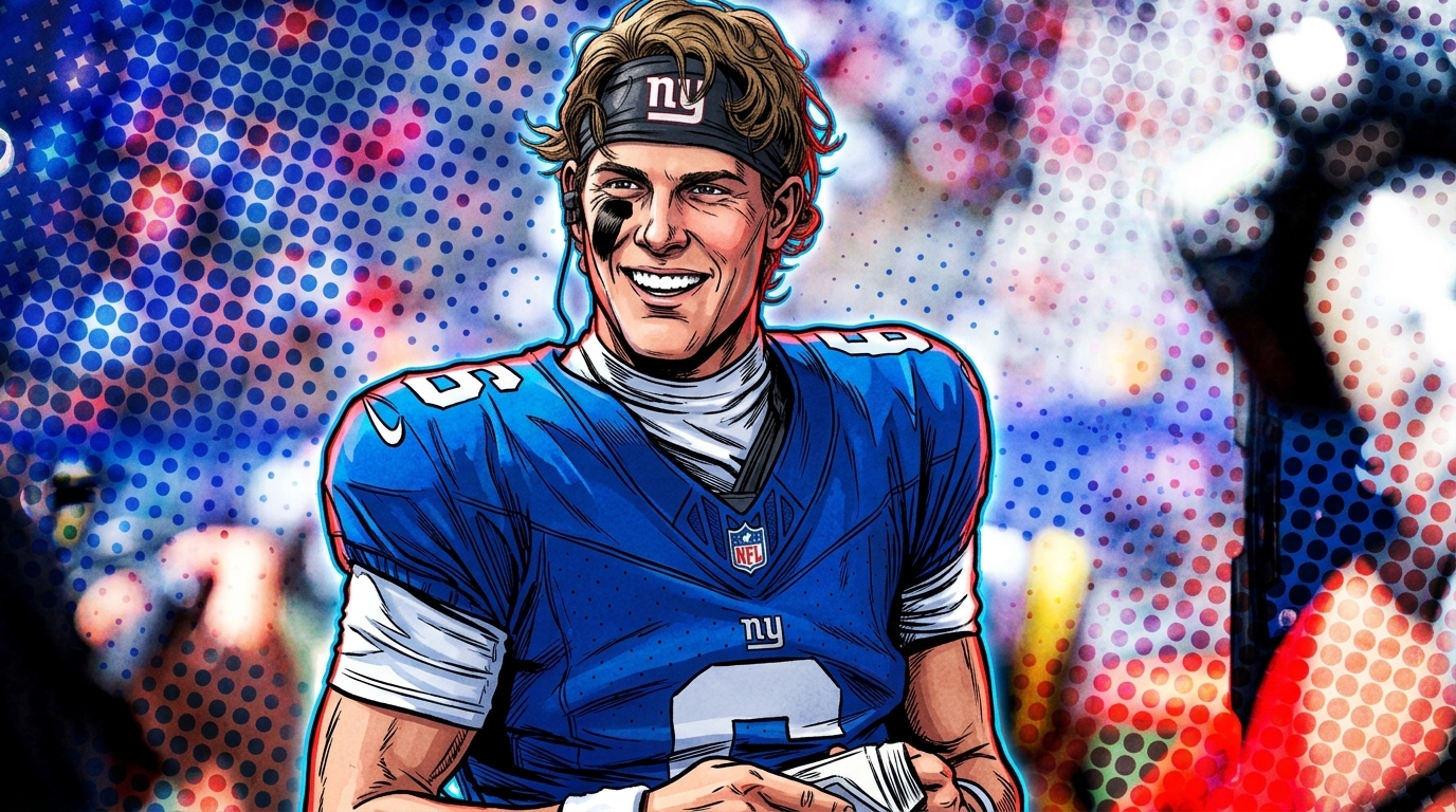 Comic-style illustration of Giants rookie quarterback Jaxson Dart smiling on the sideline in a blue jersey and black headband, halftone-dot stadium crowd background