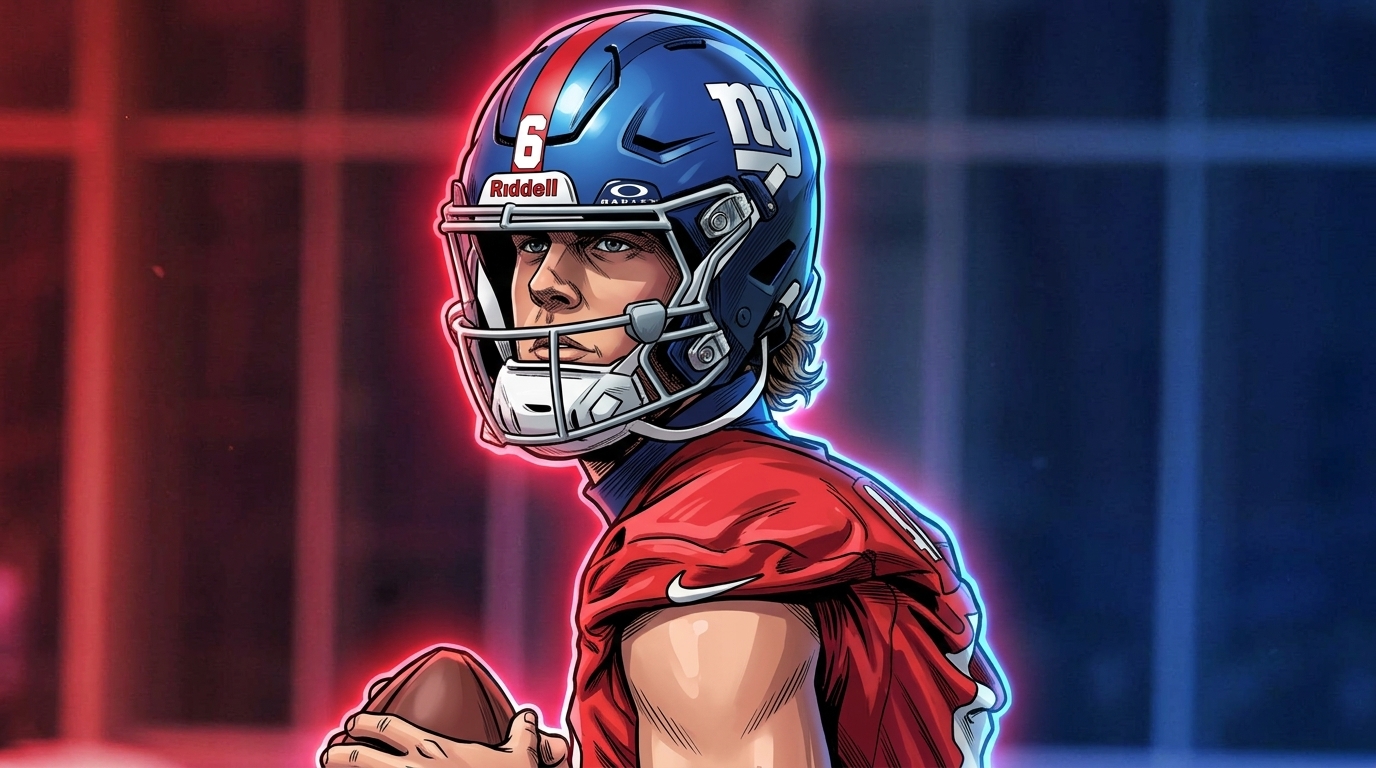 Comic-style illustration of Jaxson Dart in Giants #6 practice jersey and helmet, red and blue neon rim glow effect washing the training facility background -- Swipe Sports