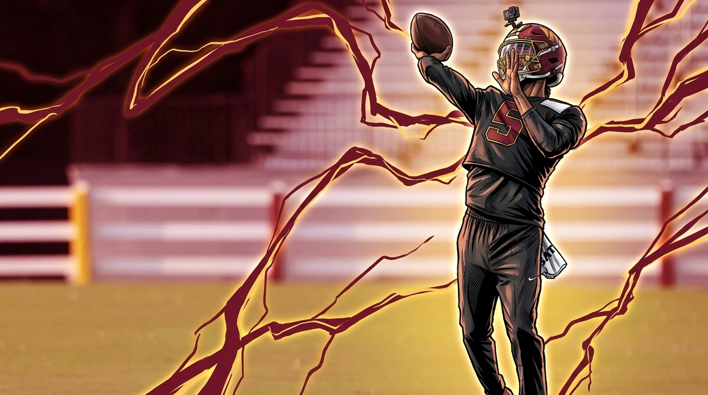 Comic-style illustration of Jayden Daniels in a black practice jersey with burgundy No. 5 outlined in gold, throwing motion, helmet-mounted camera, empty stadium bleachers in the background with a red and gold electric energy lightning effect