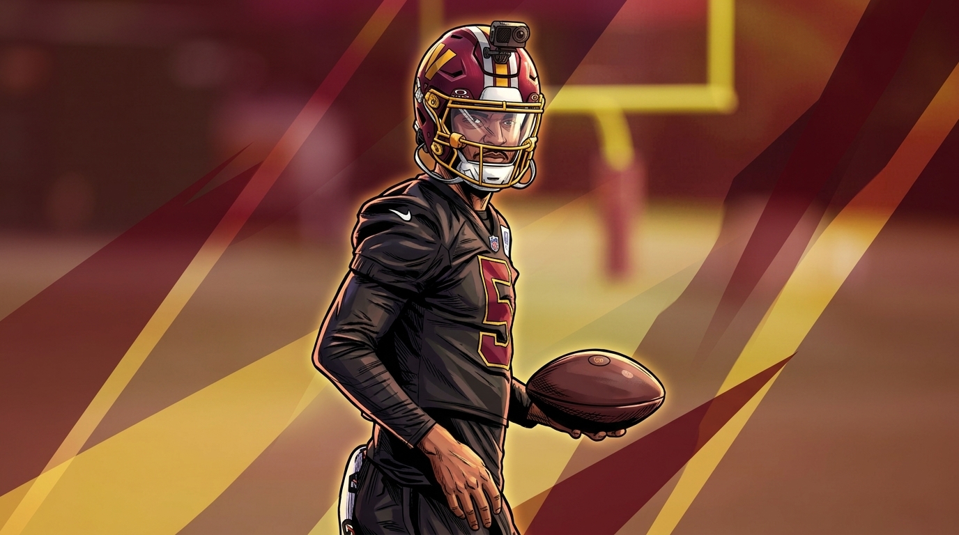 Comic-style illustration of Jayden Daniels in a black Washington Commanders practice jersey with burgundy No. 5 outlined in gold, helmet-mounted camera, holding a football on a practice field with a red and gold geometric light streaks effect