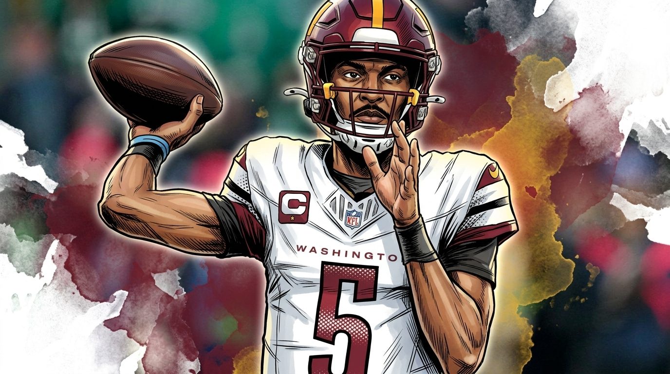 Comic-style illustration of Commanders quarterback Jayden Daniels in white road jersey mid-throw, maroon and gold color wash background