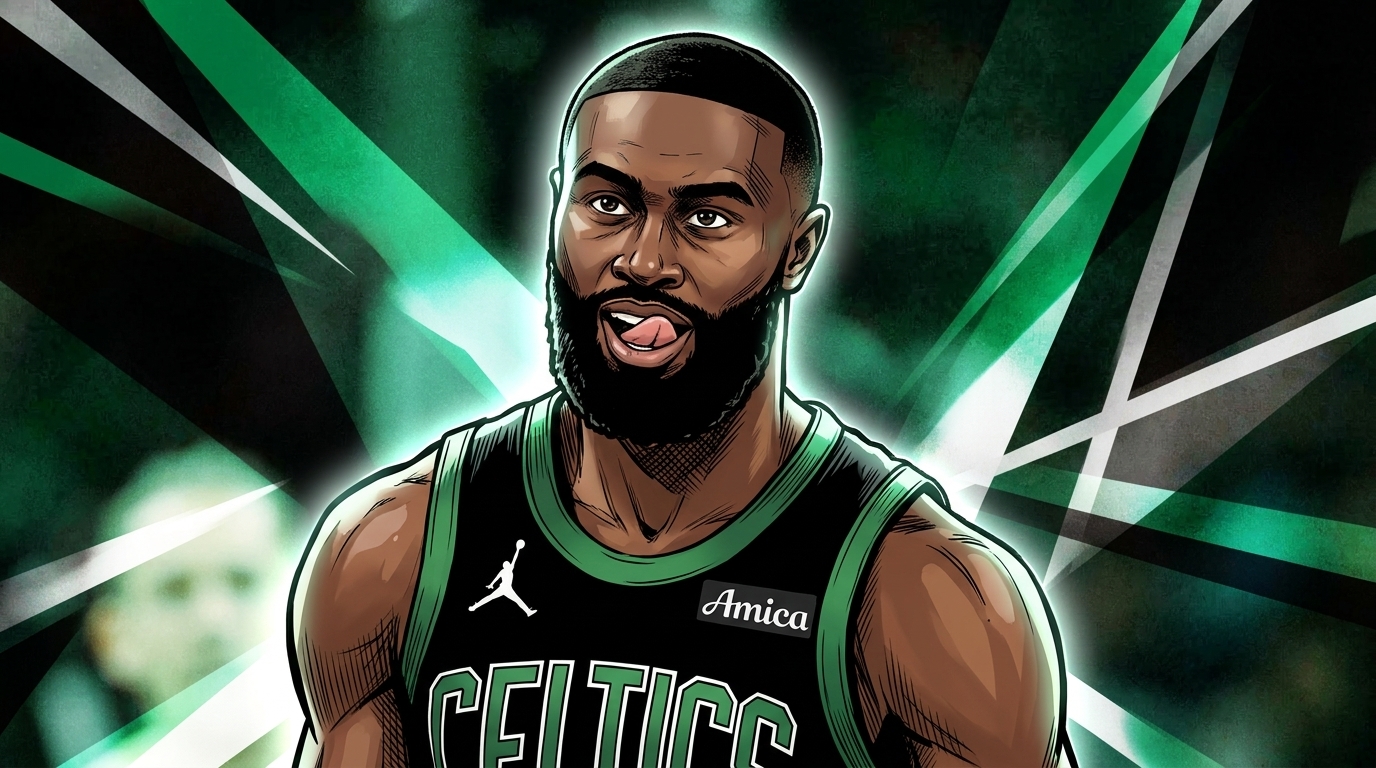 Jaylen Brown in black Celtics jersey with geometric light streaks effect — Swipe Sports
