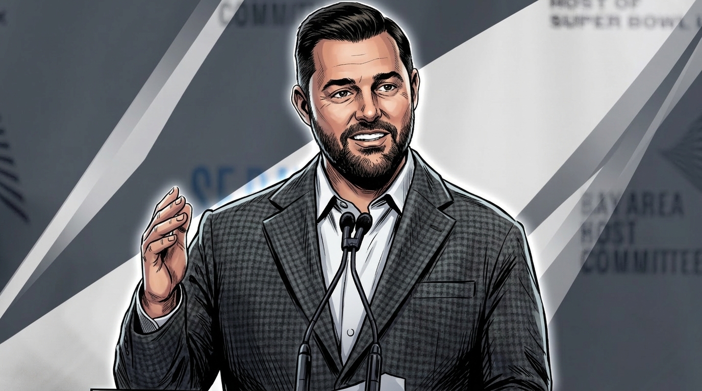 Comic-style rendering of Jed York in a charcoal grey checked sport coat speaking at a podium, silver and white geometric light-streak effect over a press conference backdrop