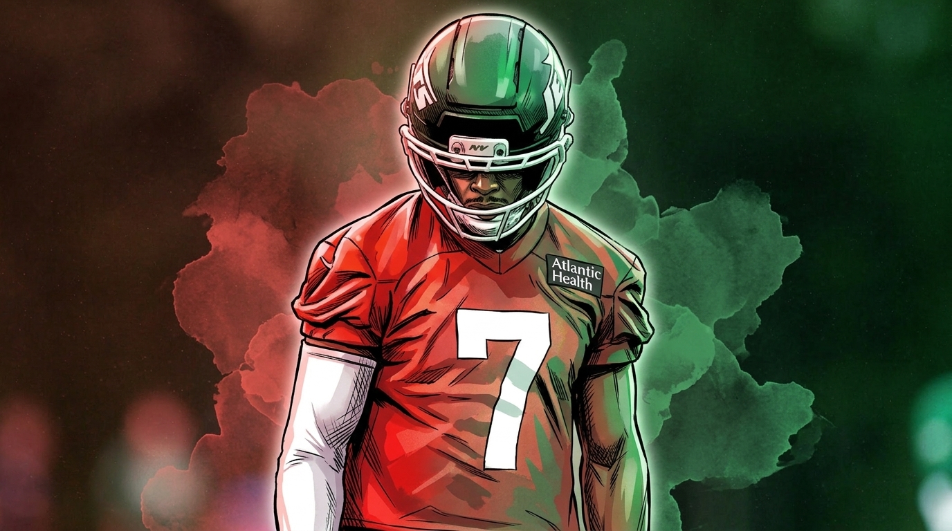 Comic-style ink wash illustration of Jets quarterback Geno Smith in a red practice jersey with his head down, red and green smoke bleeding through the background
