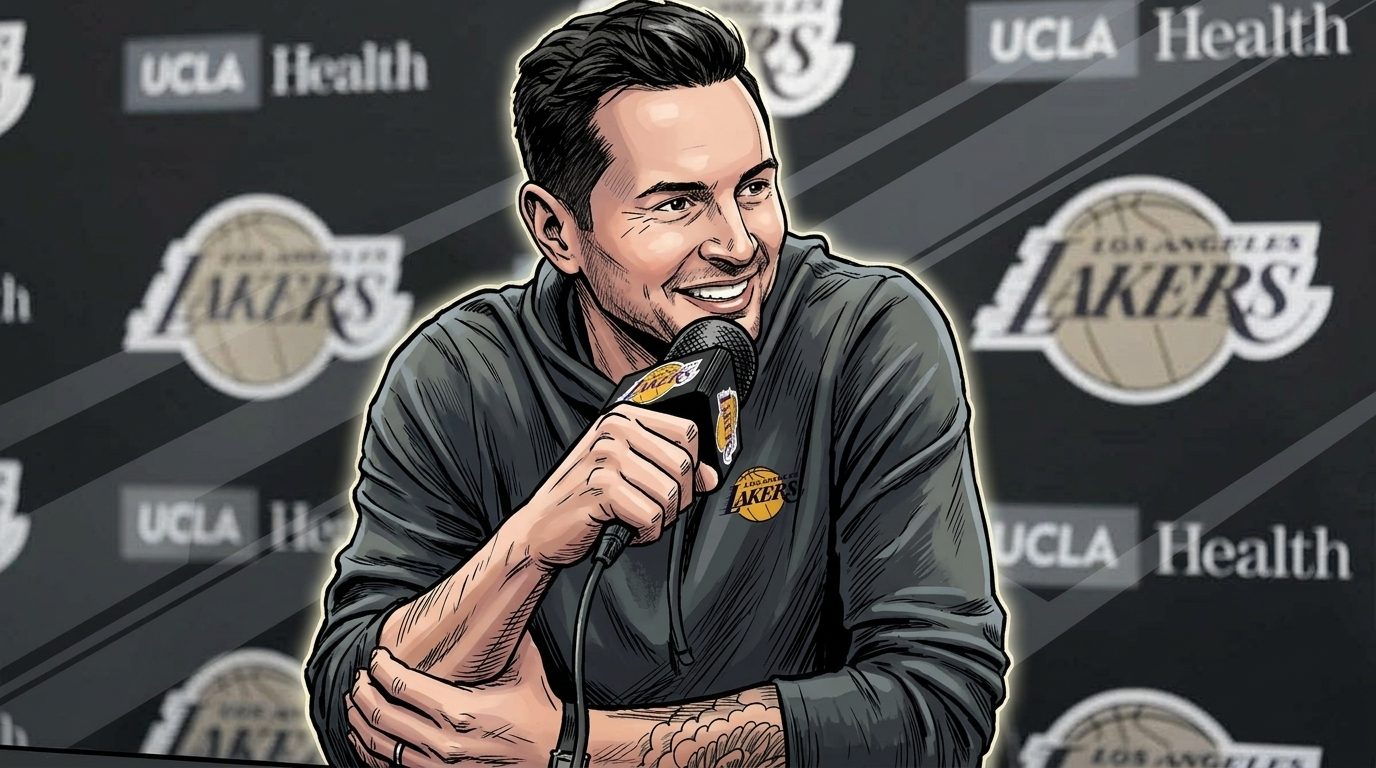 Comic-styled illustration of Lakers head coach JJ Redick smiling at a press conference podium, mic in hand, with a UCLA Health and Lakers-branded backdrop