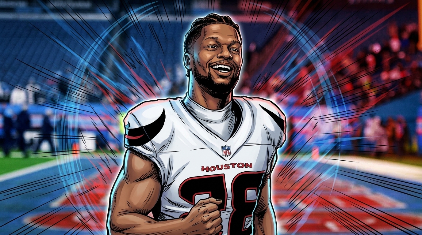 Comic-style illustration of Joe Mixon in a Houston Texans white jersey, smiling as a red and blue shockwave effect radiates from him