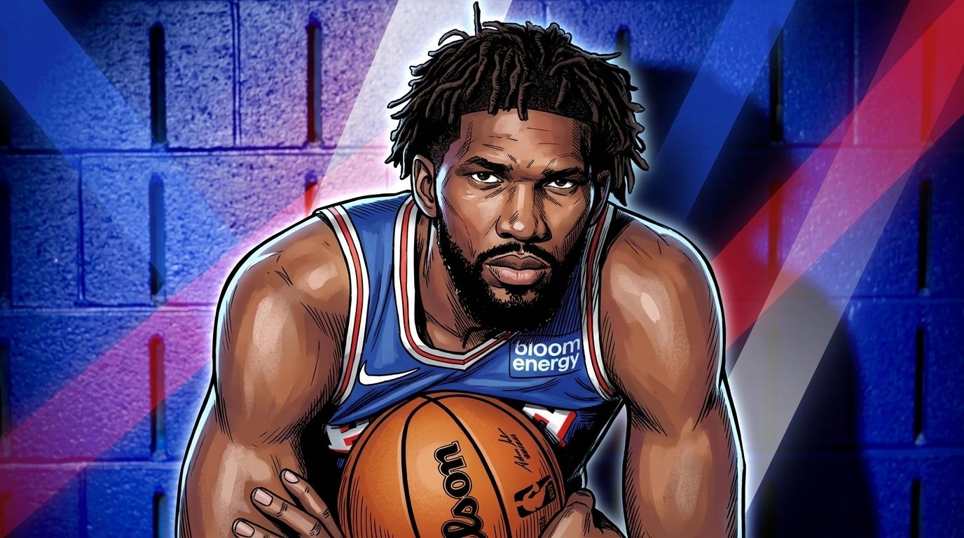 Comic-style illustration of Joel Embiid of the Philadelphia 76ers holding a basketball, blue and red geometric light-streak effects surrounding him
