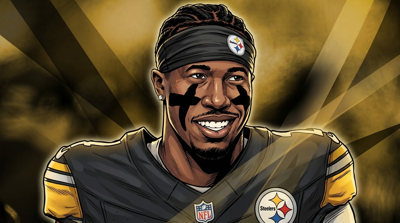 Joey Porter Jr., Pittsburgh Steelers, comic-styled with a black-and-gold geometric light streaks effect amid his contract impasse with the team