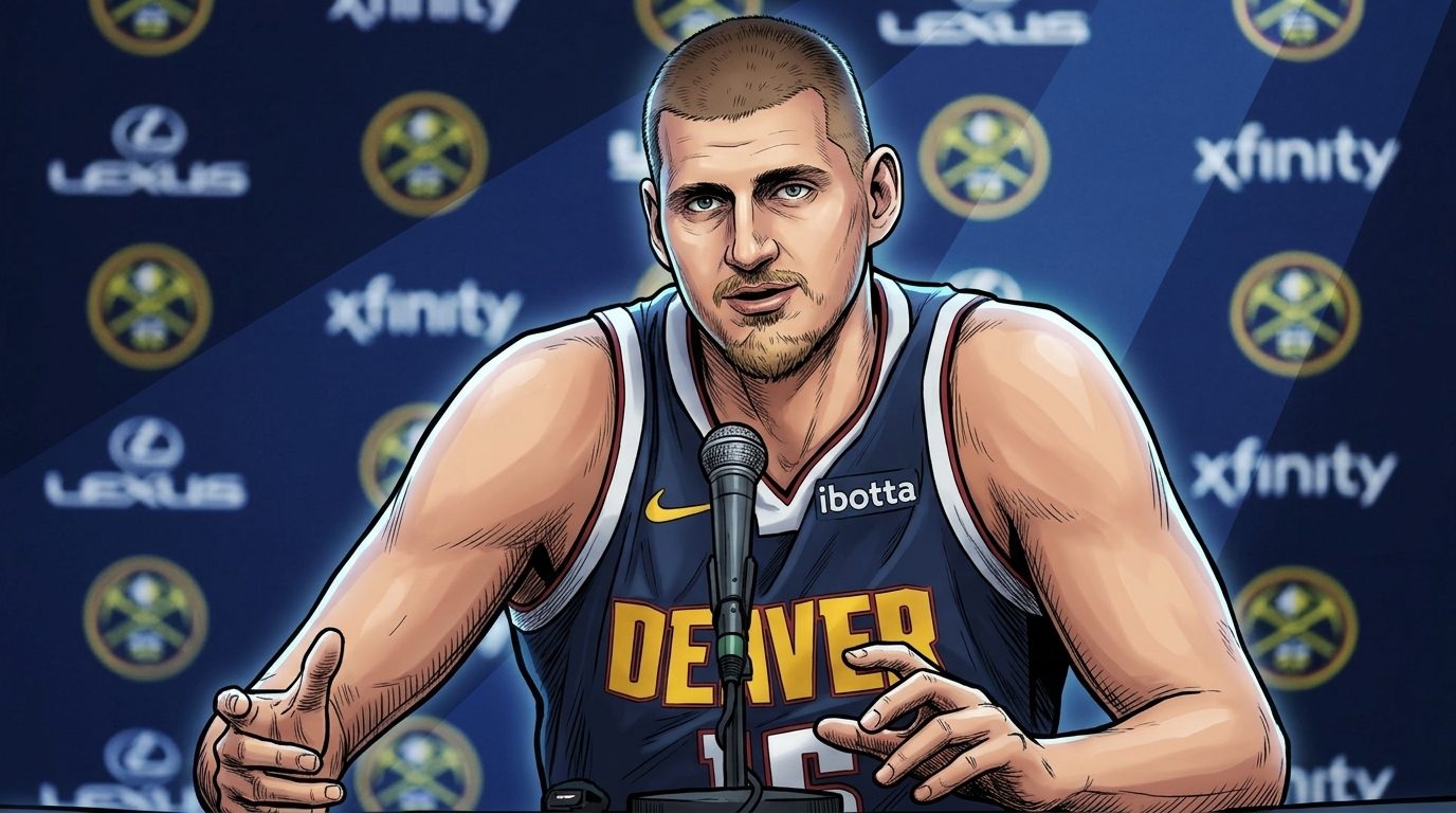 Comic-style illustration of Denver Nuggets center Nikola Jokic seated at a press-conference table in his navy jersey, speaking into a microphone, blue geometric light-streak effect radiating behind him