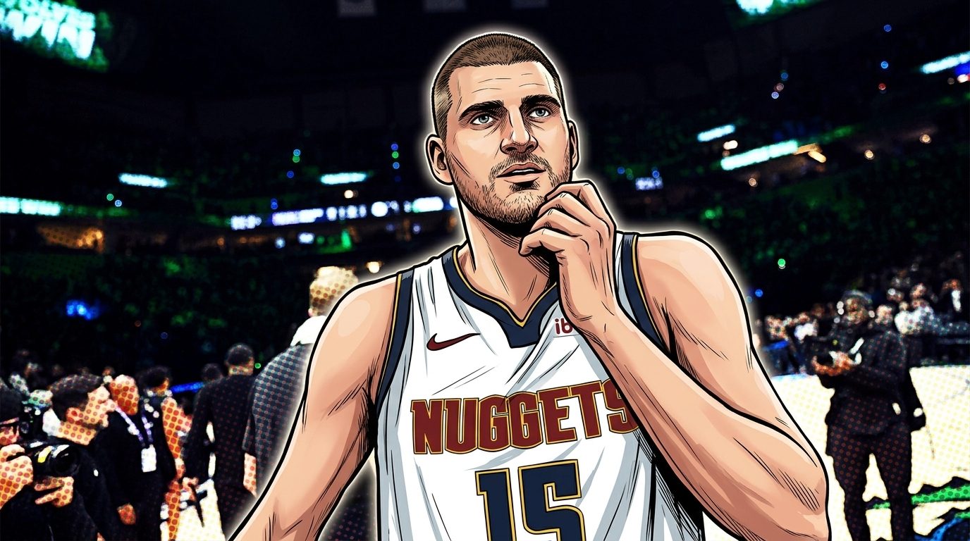Comic-style illustration of Denver Nuggets center Nikola Jokic in his white home jersey with a hand at his chin, halftone-dot arena background behind him