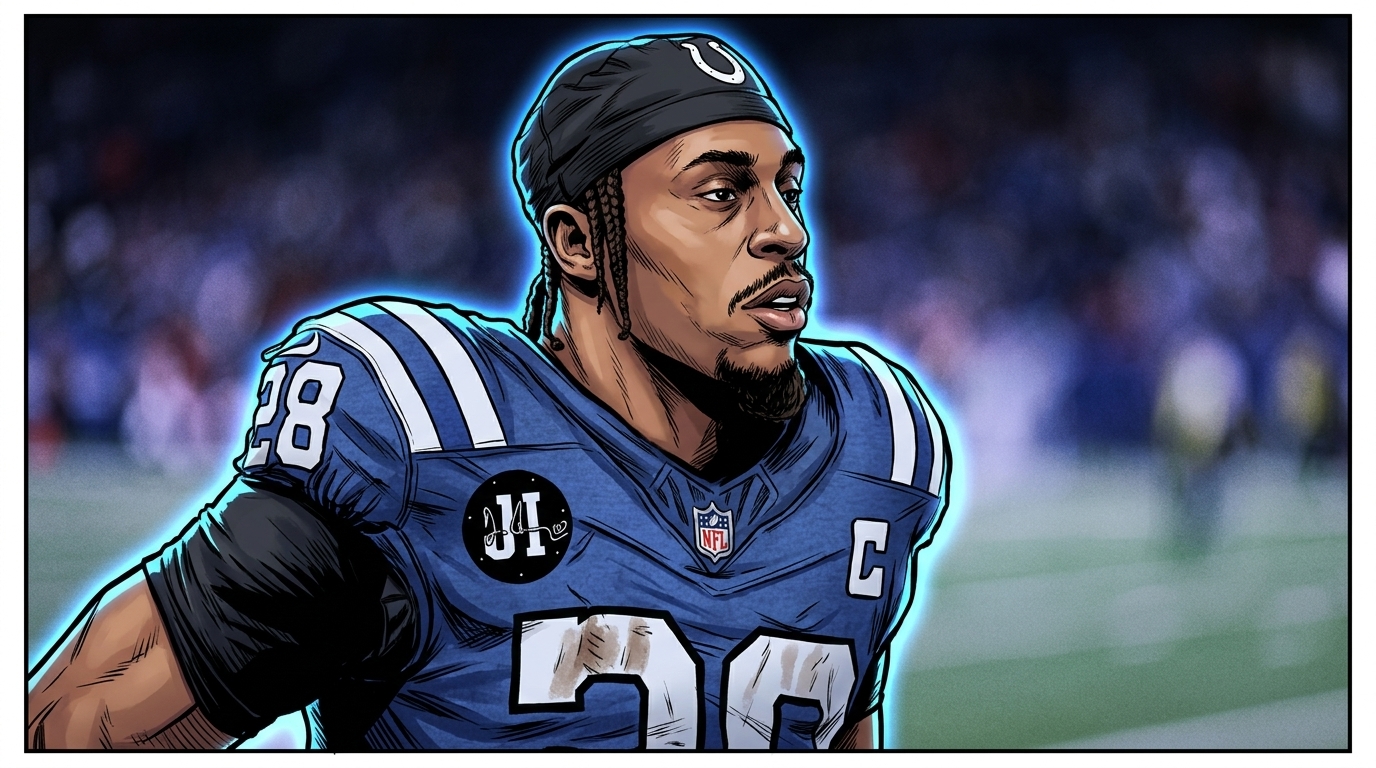 Jonathan Taylor in comic style with neon rim glow effect, blue color wash, Colts 'Indiana Nights' uniform — Swipe Sports