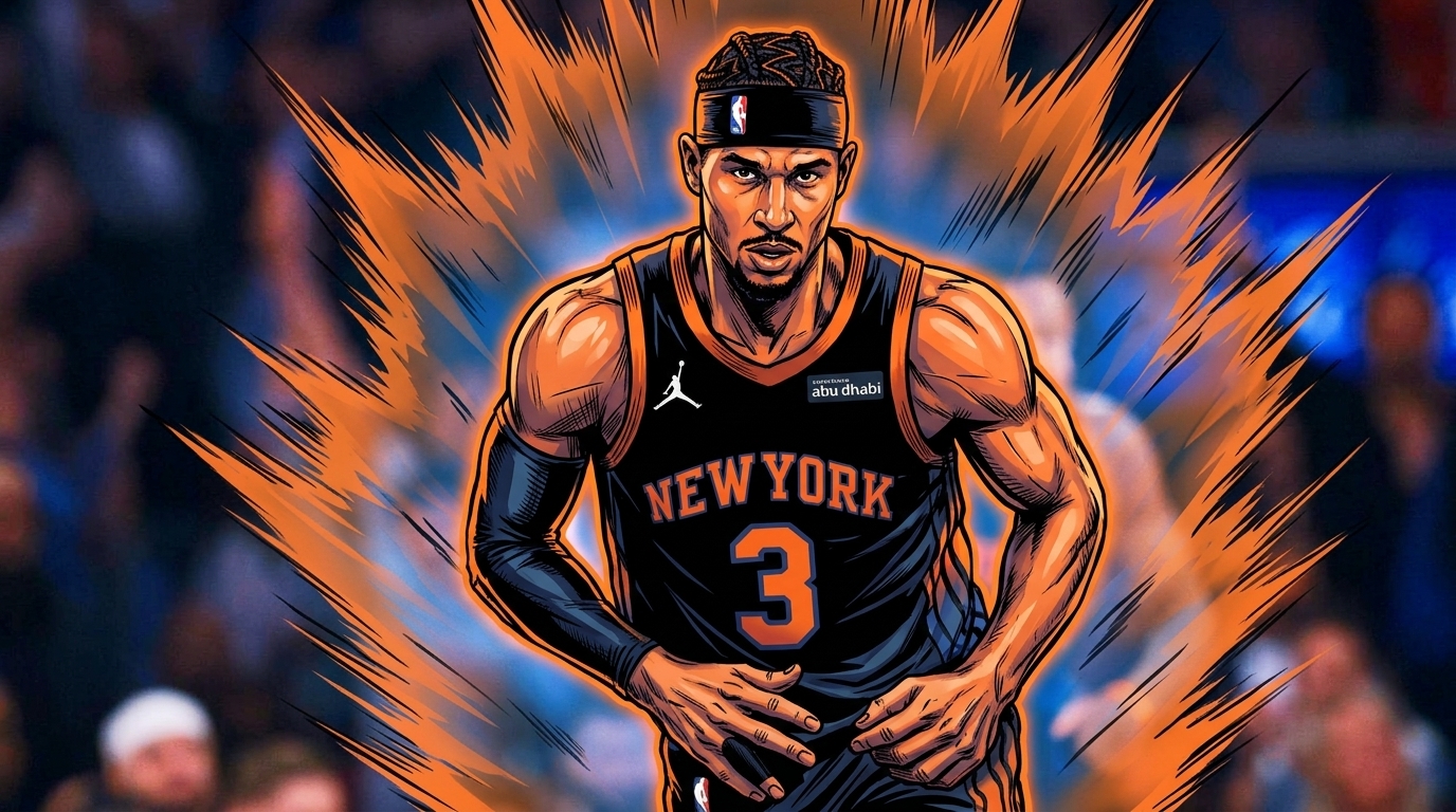 Comic-style illustration of Josh Hart in a Knicks jersey with an orange shockwave effect and blurred arena crowd background