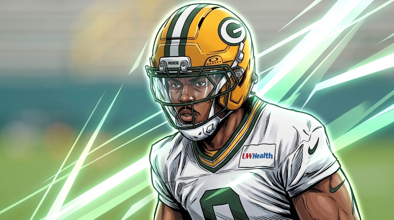 Comic-style illustration of Josh Jacobs in Green Bay Packers helmet and white practice jersey, close-up portrait with green geometric light-streak effect