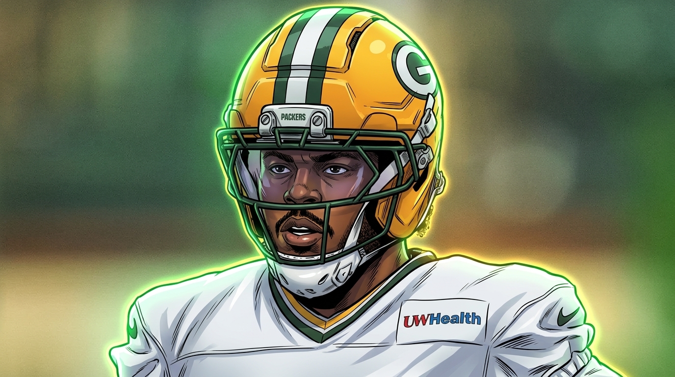Josh Jacobs in Packers helmet and white practice jersey, comic-style neon rim glow