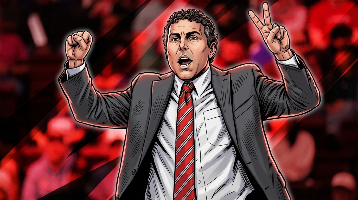 Comic-style illustration of UNLV coach Josh Pastner reacting from the sideline, fist raised, mid-shout