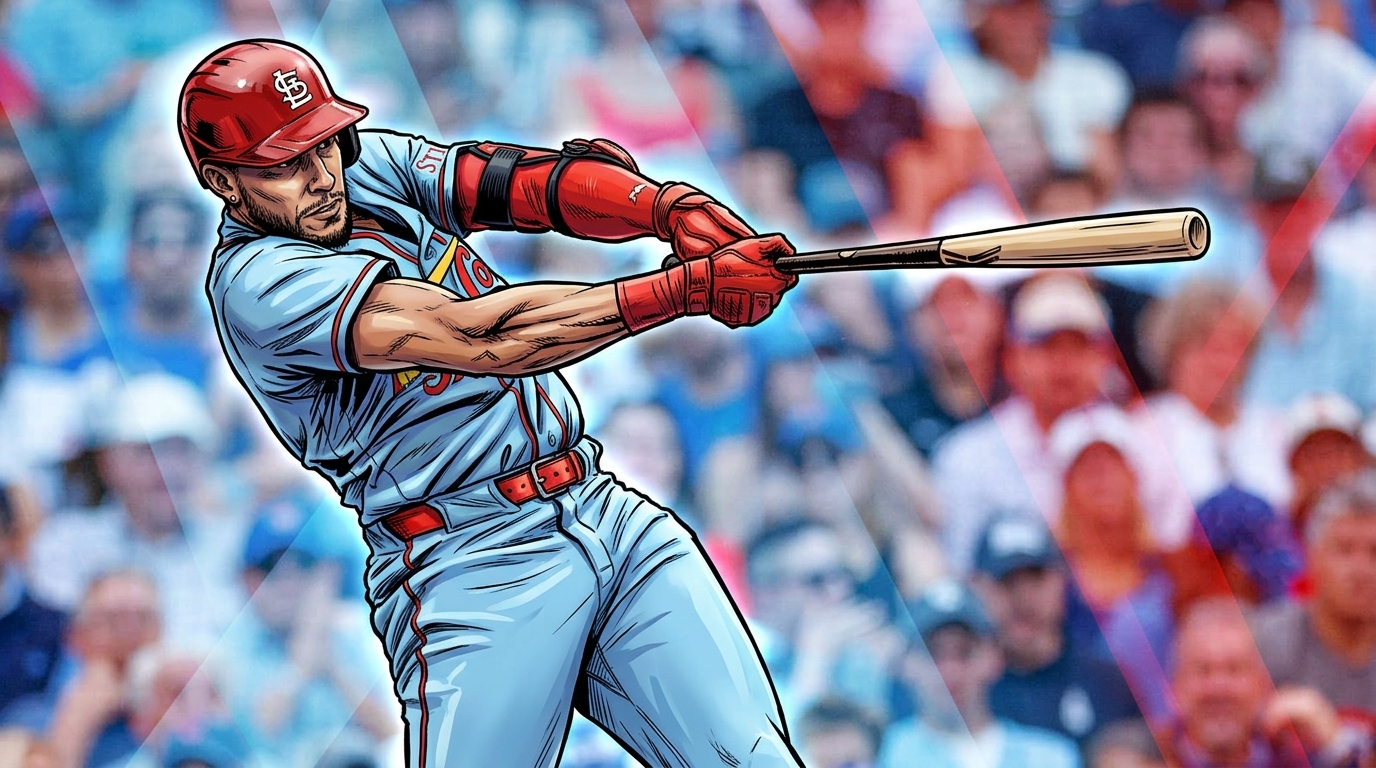 Comic-style illustration of Cardinals rookie Joshua Baez mid-swing in his MLB debut against the Cubs at Wrigley Field