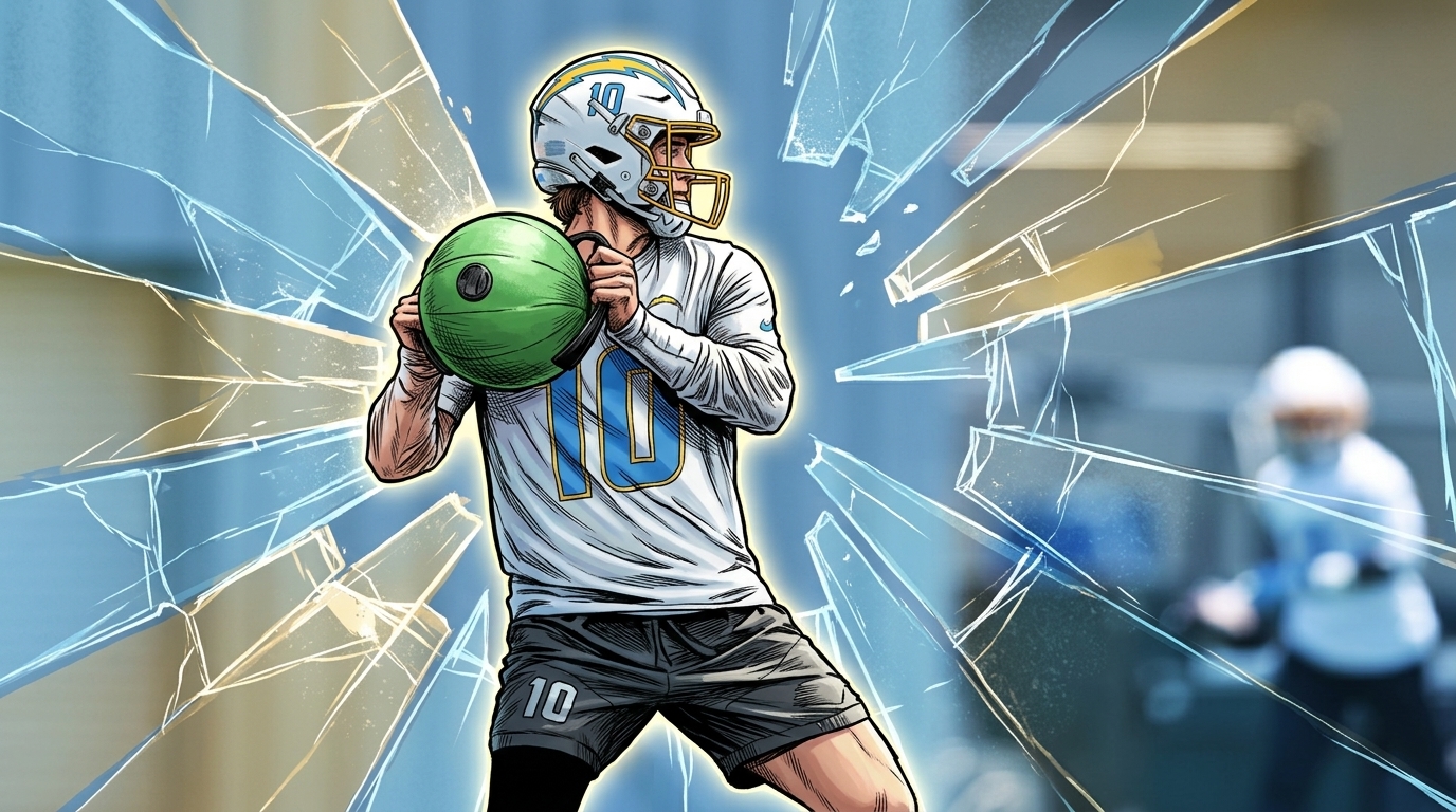 Justin Herbert in comic book style, Chargers powder blue #10 jersey, shattered glass effect