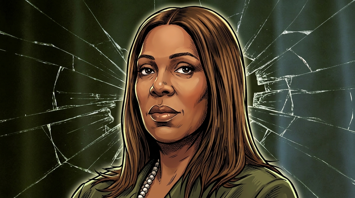 Comic-style illustration of New York Attorney General Letitia James in a dark olive blazer against a shattered-glass effect backdrop