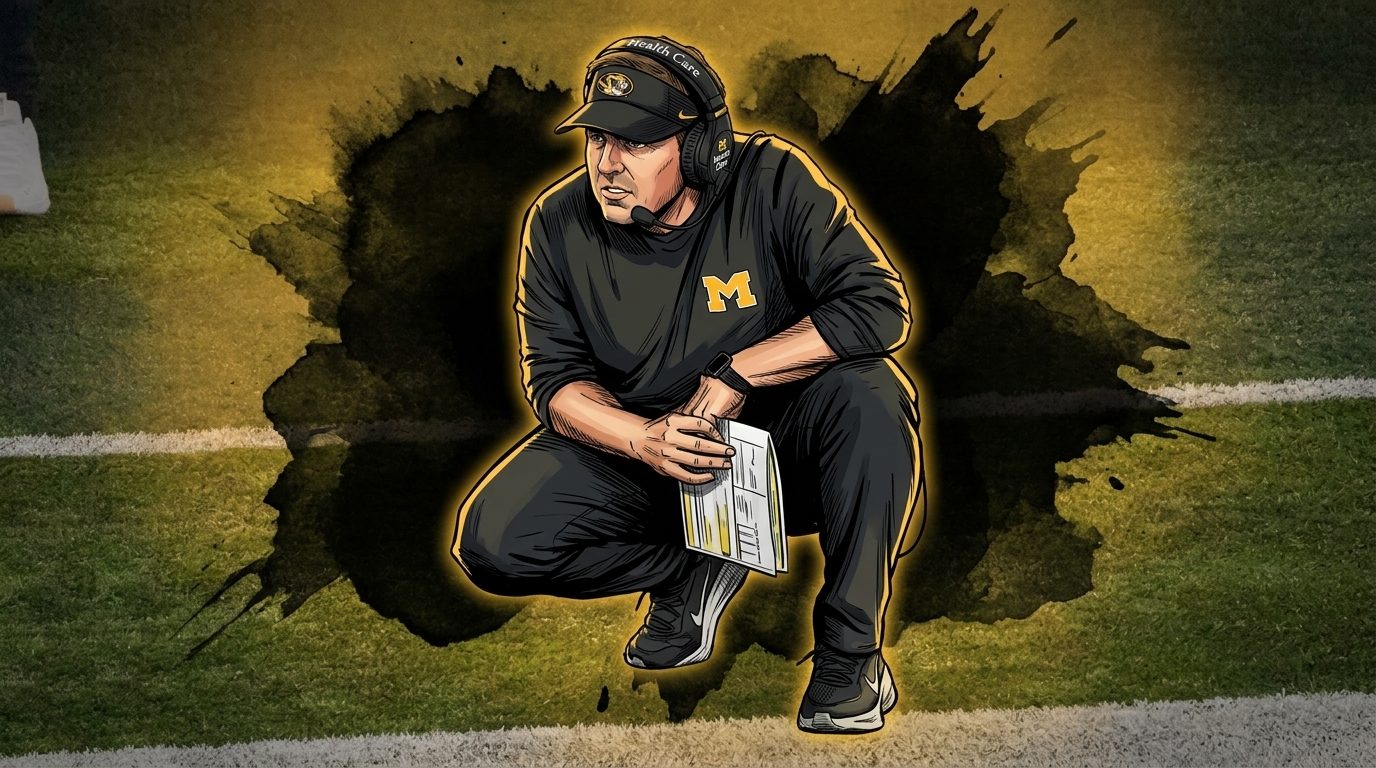 Illustrated ink-wash style image of Missouri Tigers head coach Eli Drinkwitz crouched on the sideline in a black quarter-zip and headset