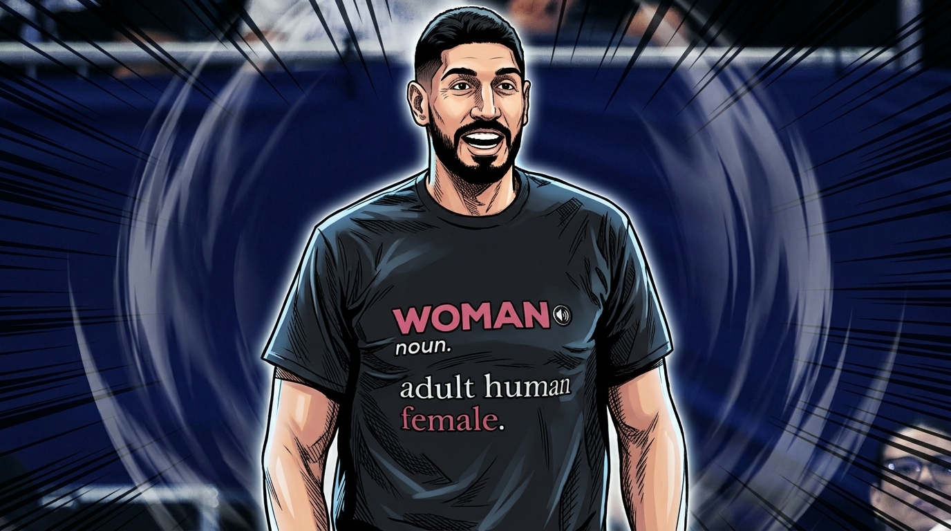 Enes Kanter Freedom illustrated in comic book style with a shockwave effect, wearing a black shirt reading WOMAN noun adult human female, courtside at a WNBA game