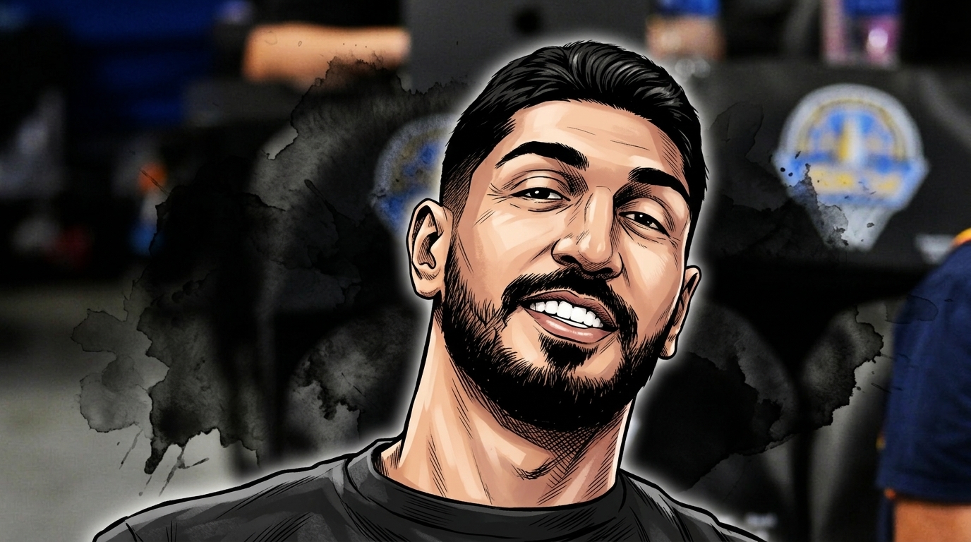 Enes Kanter Freedom illustrated in comic book style with an ink wash and watercolor bleed effect, courtside at Wintrust Arena, Swipe Sports
