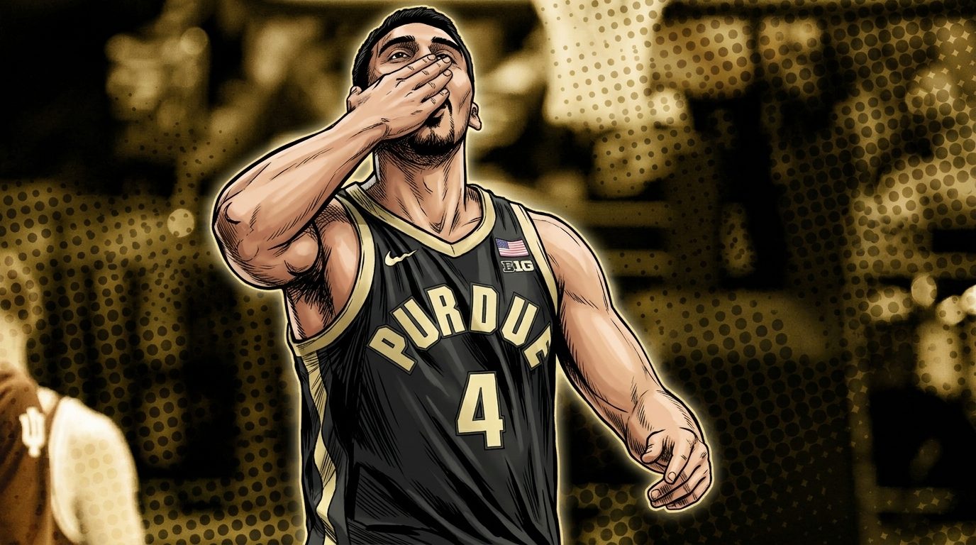 Comic-style illustration of Trey Kaufman-Renn in a black Purdue jersey with gold trim, wiping his face, with a gold halftone-dot effect over the arena background