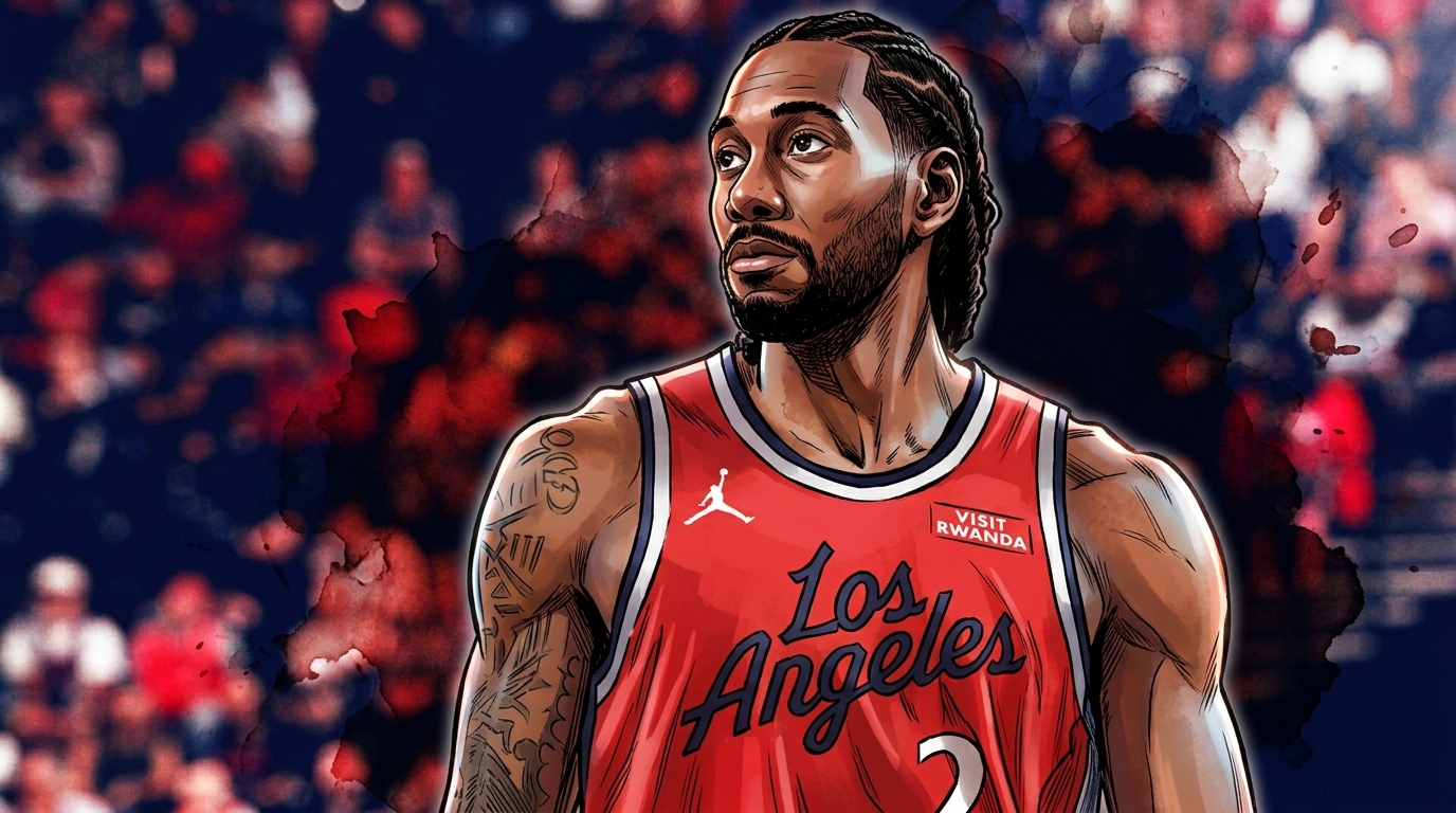 Kawhi Leonard in red Clippers jersey with ink wash watercolor bleed effect — Swipe Sports
