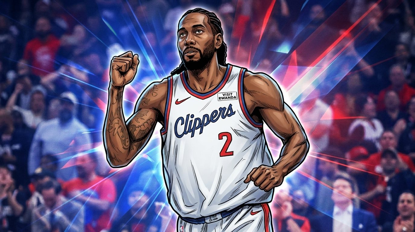 Comic-style illustration of Kawhi Leonard pumping his fist in a white Clippers jersey, blue and red geometric light streaks radiating behind him