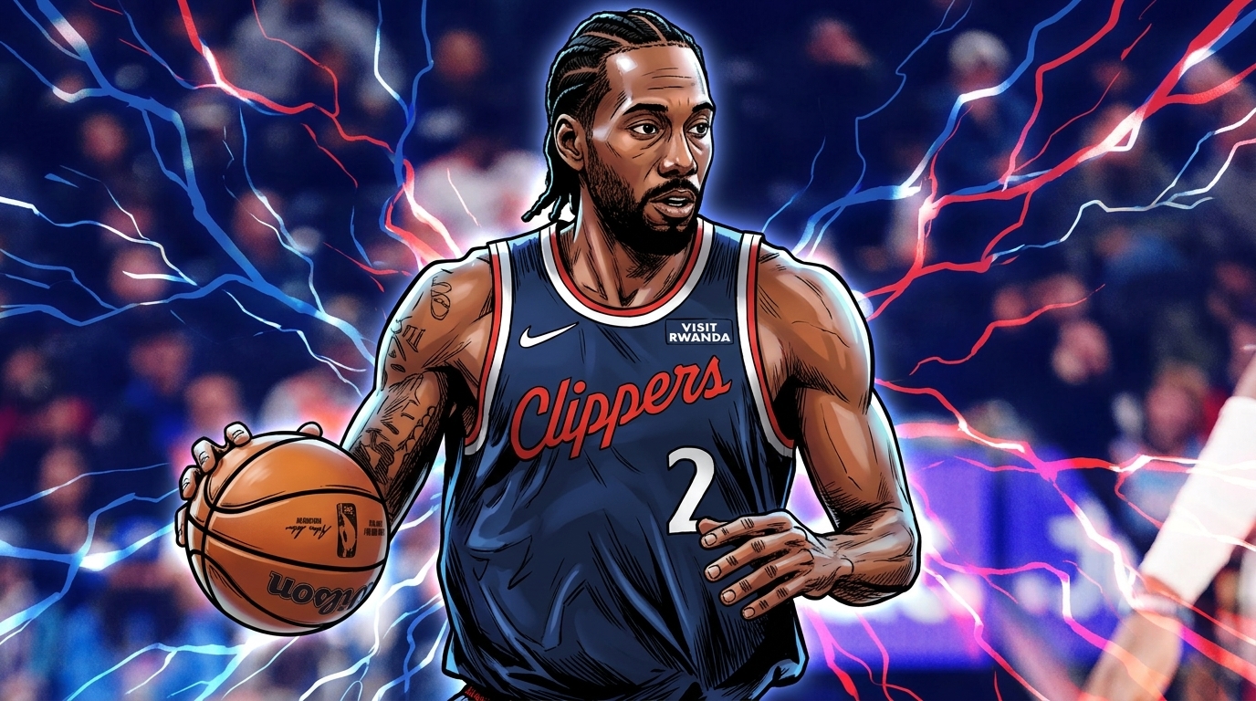 Comic-style illustration of Kawhi Leonard dribbling in a navy Clippers jersey with an electric energy lightning effect against a stylized arena crowd background