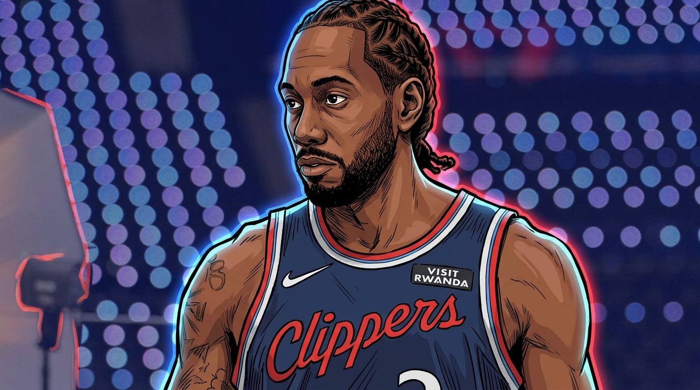 Kawhi Leonard in a navy Clippers jersey against a neon-lit studio background, illustrated in comic style