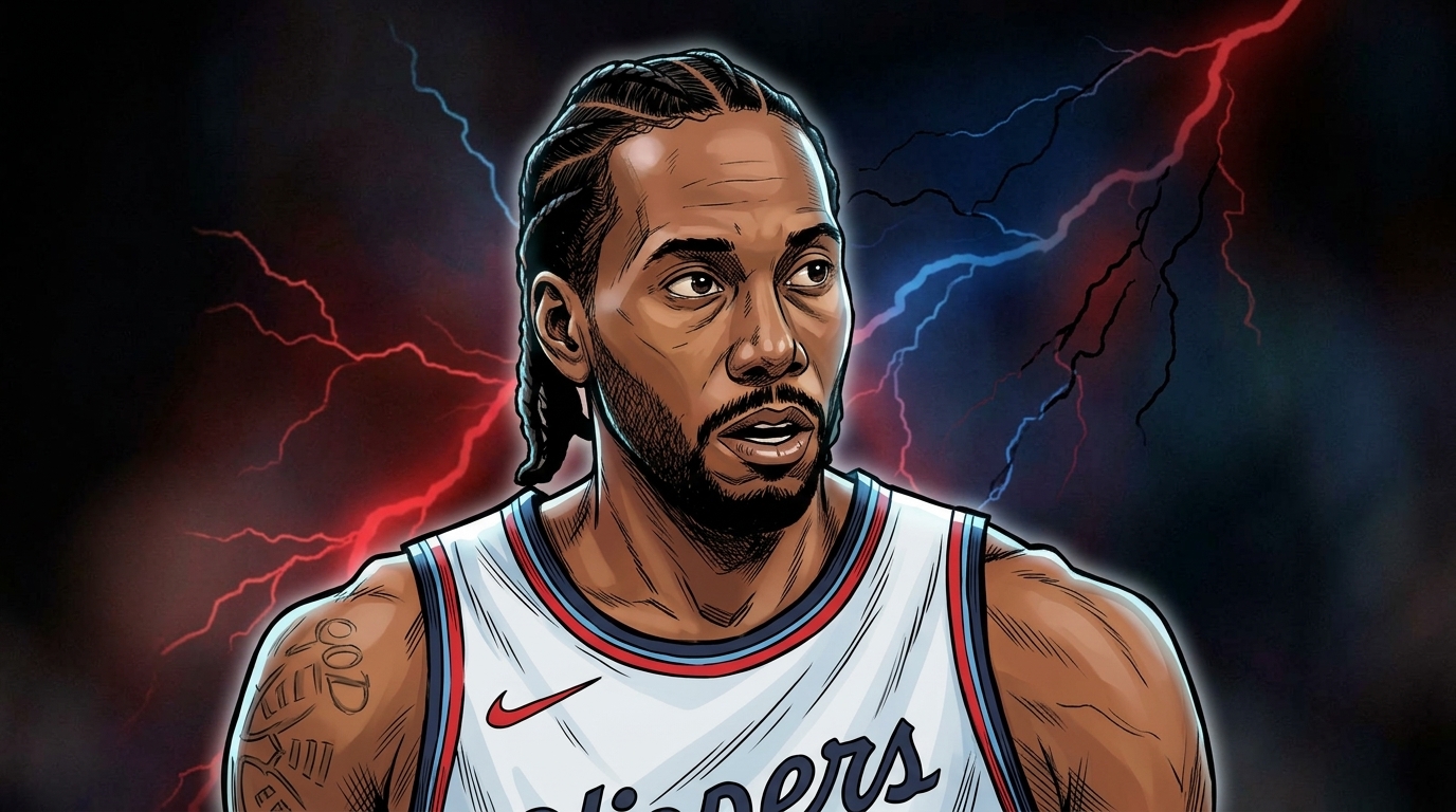 Illustrated portrait of Kawhi Leonard in a white Clippers jersey, red-tinted shattered glass effect radiating from the background