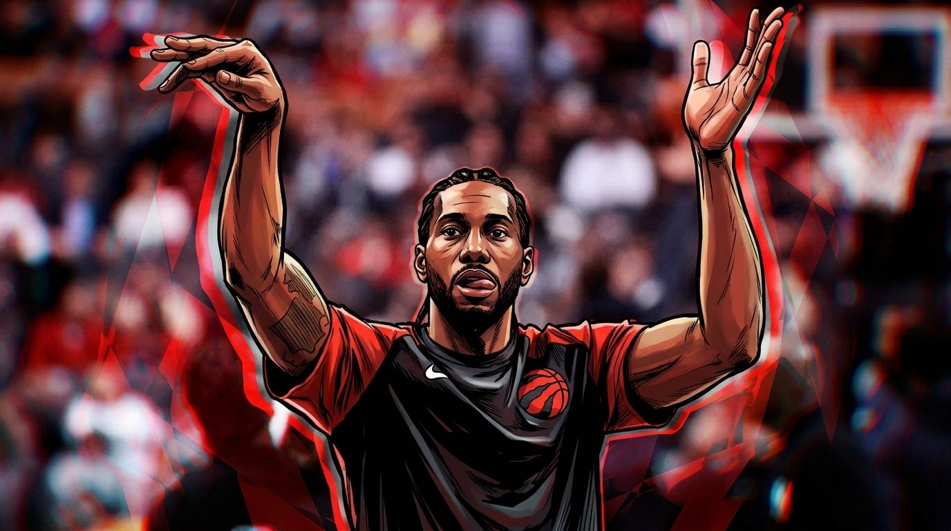 Comic-style illustrated portrait of Kawhi Leonard raising both arms in a red and black Toronto Raptors jersey with a red chromatic-dispersion effect