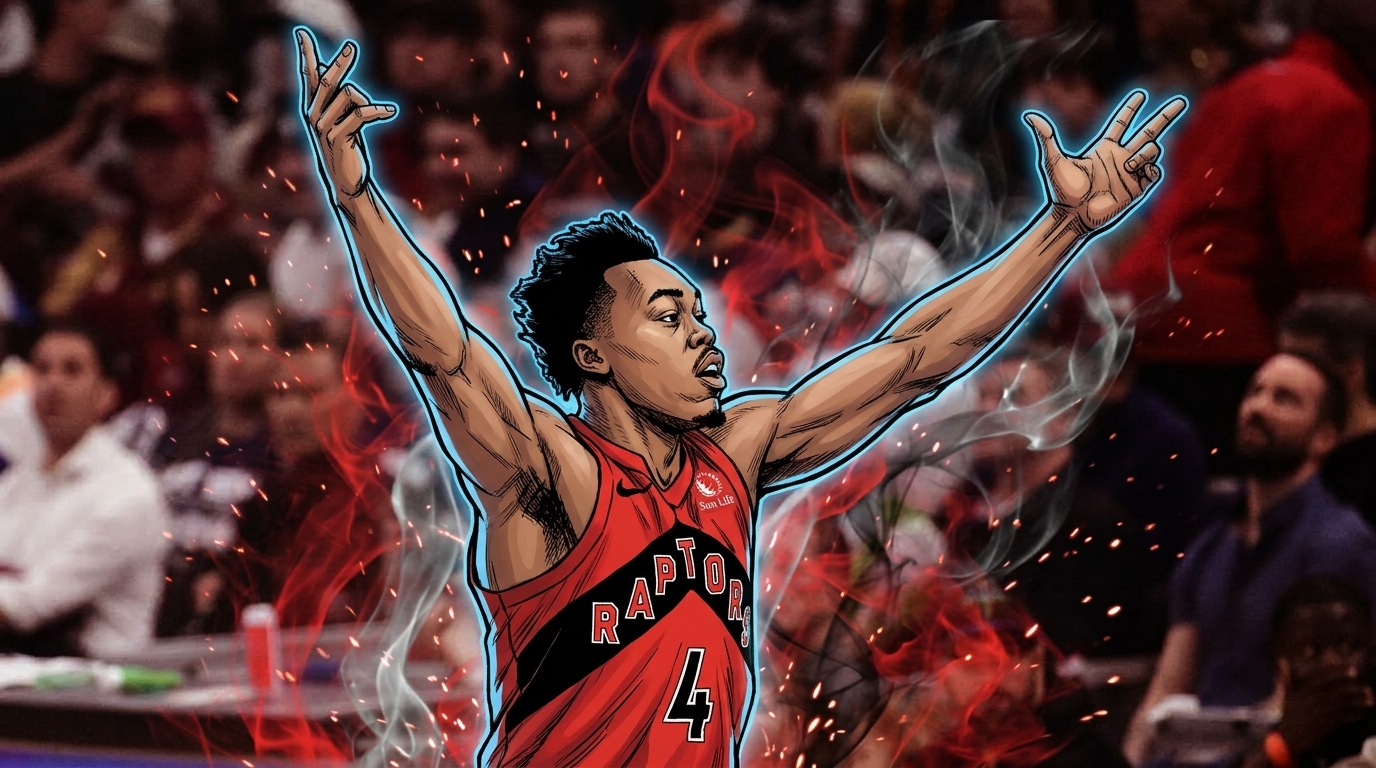 Scottie Barnes of the Toronto Raptors in Marvel comic book style with smoke and sparks effect