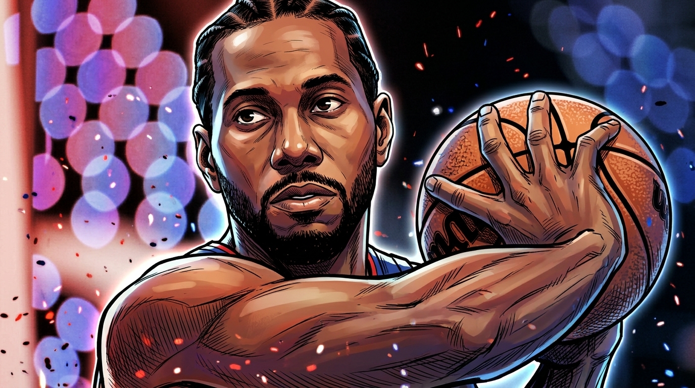 Comic-style illustration of Kawhi Leonard holding a basketball in a tight close-up, particle field and floating embers effect over a red and blue bokeh arena background