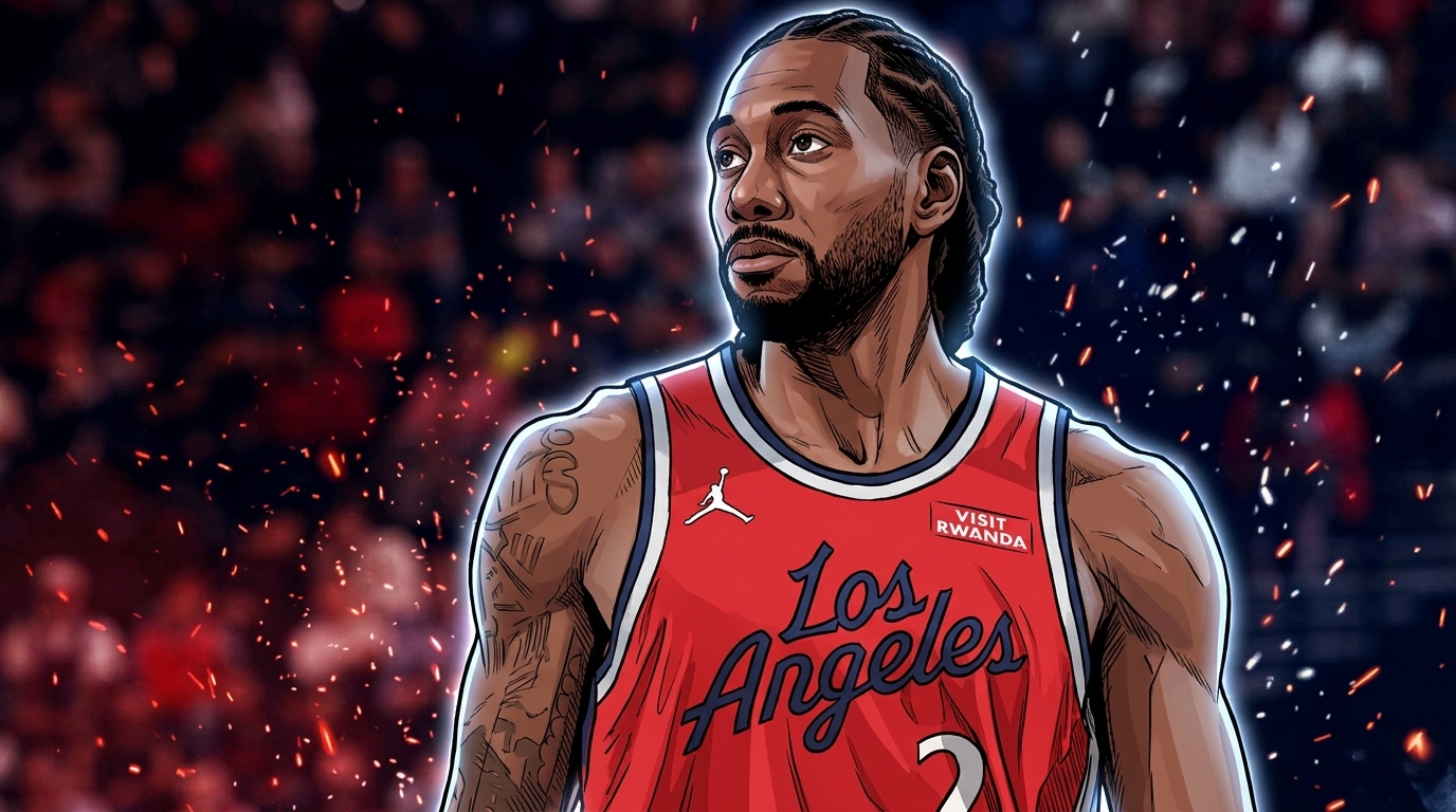 Kawhi Leonard in red Los Angeles Clippers jersey looking upward
