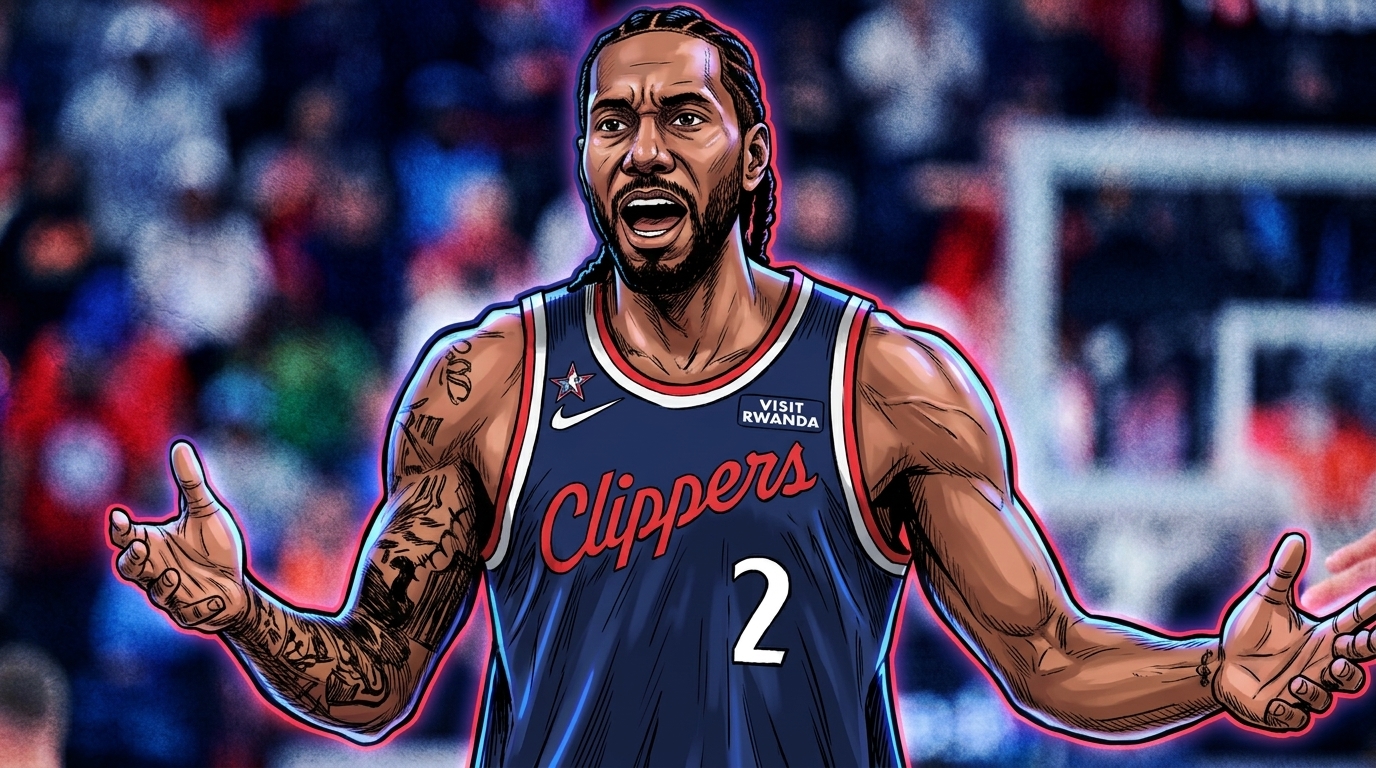 Comic-style illustration of Kawhi Leonard in a navy Clippers jersey, arms spread and exasperated, with a neon rim-light glow against a stylized arena crowd background