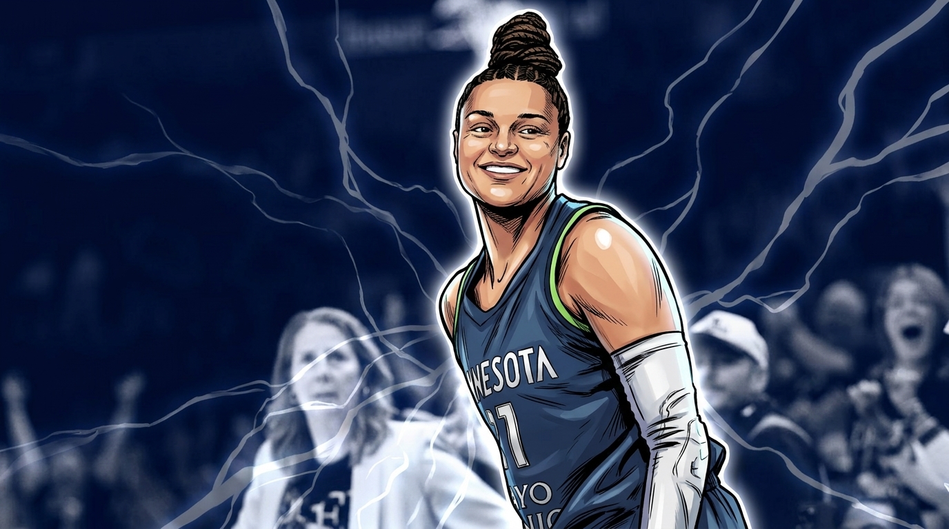Comic-style illustration of Kayla McBride in a navy Minnesota Lynx jersey with an electric energy lightning effect against a stylized arena crowd background