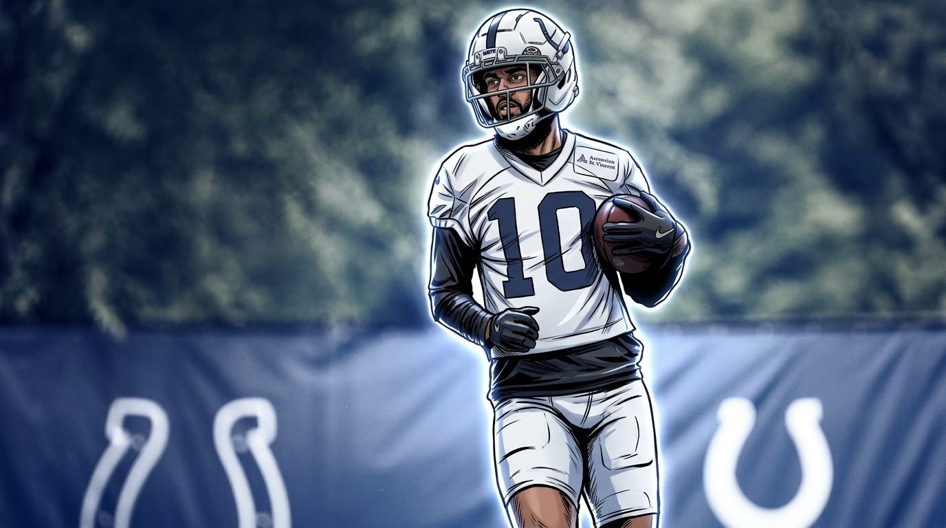 Comic-style illustration of Colts receiver Keenan Allen in a white No. 10 practice jersey and helmet, jogging with a football, a neon blue rim-light glow outlining his figure against a blurred green practice field and Colts horseshoe barrier.