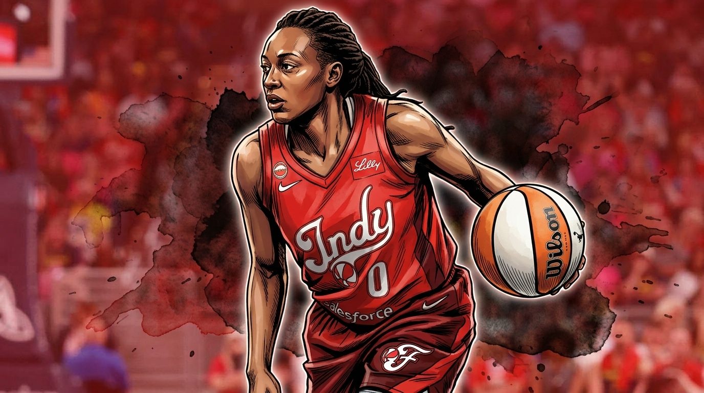 Comic-style illustration of Kelsey Mitchell dribbling in an Indiana Fever 'Indy' alternate jersey, ink-wash red arena background