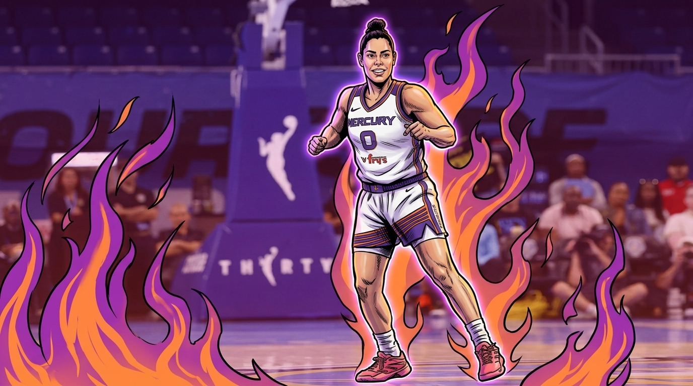 Comic-style illustration of Phoenix Mercury guard Kelsey Plum in a white Mercury home jersey with purple and orange trim, mid-stride with a slight smile, purple-and-orange flame effect against a blurred arena background