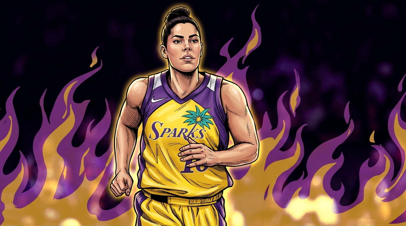 Kelsey Plum rendered as a comic book illustration jogging in her gold Sparks jersey, with a purple and gold flame effect -- Swipe Sports